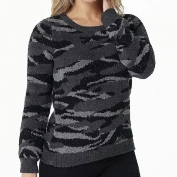 Barefoot Dreams CozyChic Seaside Crew-Neck Carbon Camo Pullover - Picture 1 of 10